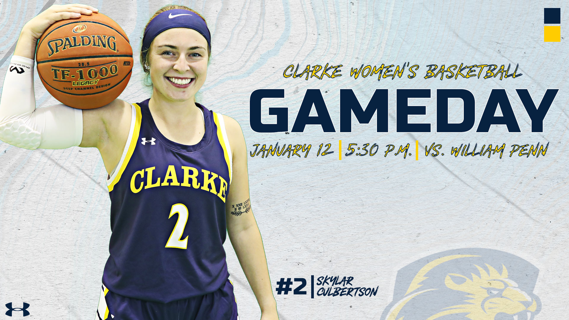 Clarke Women's Basketball
Gameday
January 12 | 5:30 PM | vs. William Penn
#2 | Skylar Culbertson